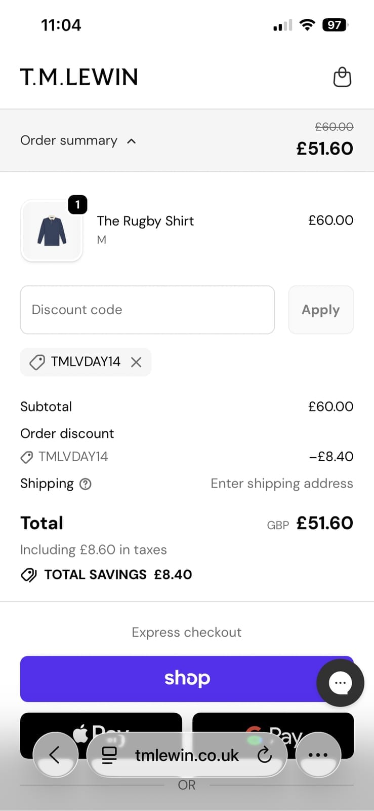 Screenshot of the TM Lewin discount code working