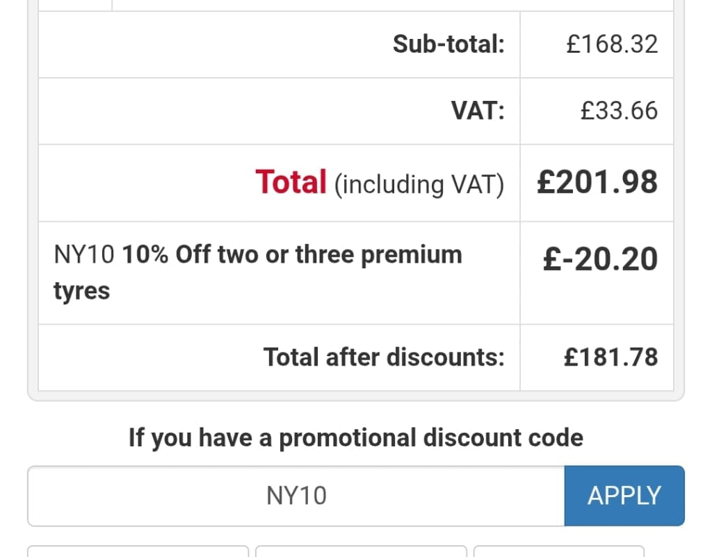Screenshot of the National Tyres and Autocare discount code working