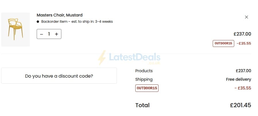 Screenshot of the Royal Design discount code working