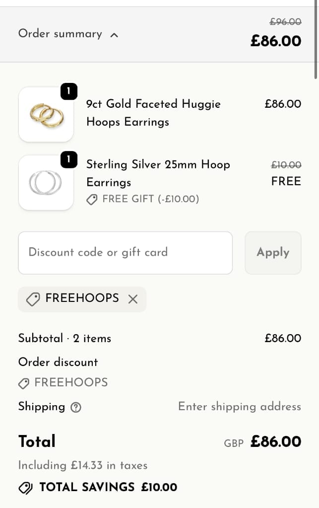 Screenshot of the Jewellery Box discount code working