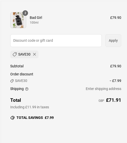 Screenshot of the The Fragrance World discount code working
