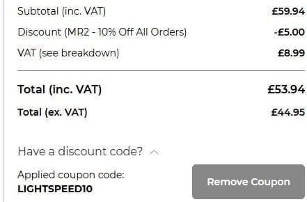 Screenshot of the National Lighting discount code working