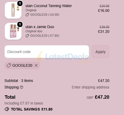 Screenshot of the Utan discount code working