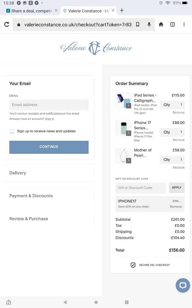 Screenshot of the Valerie Constance discount code working
