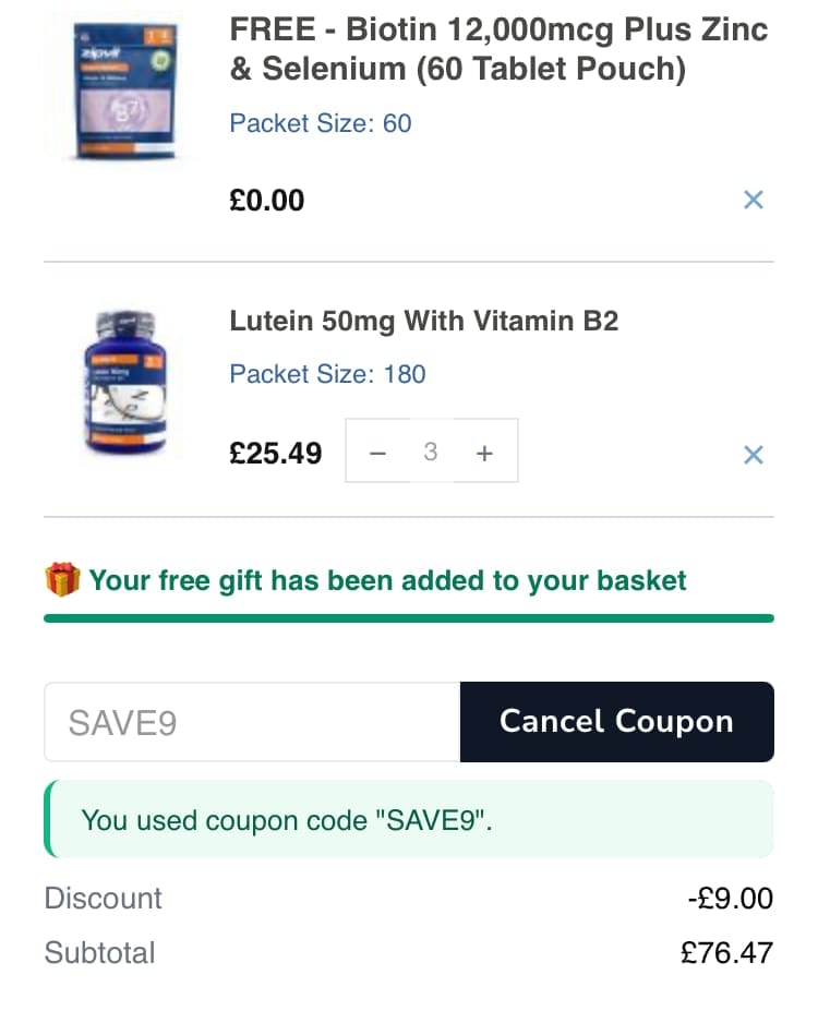 Screenshot of the ZipVit discount code working