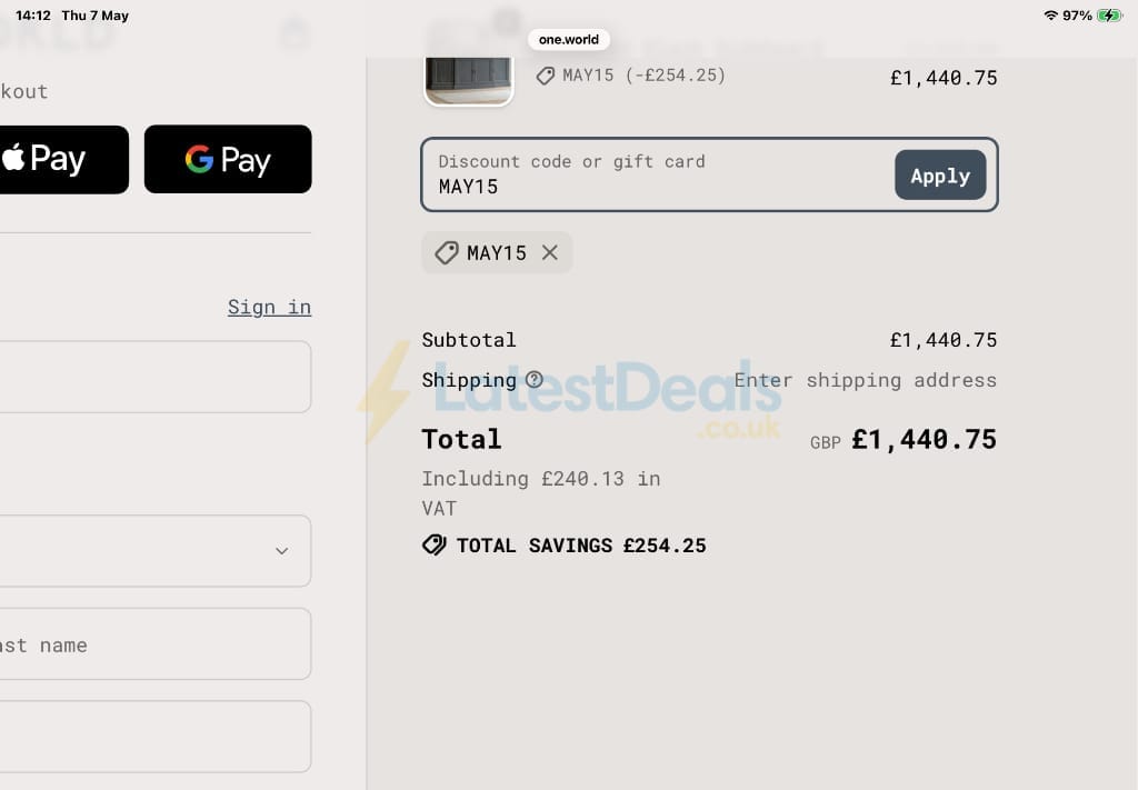 Screenshot of the One World Trading discount code working