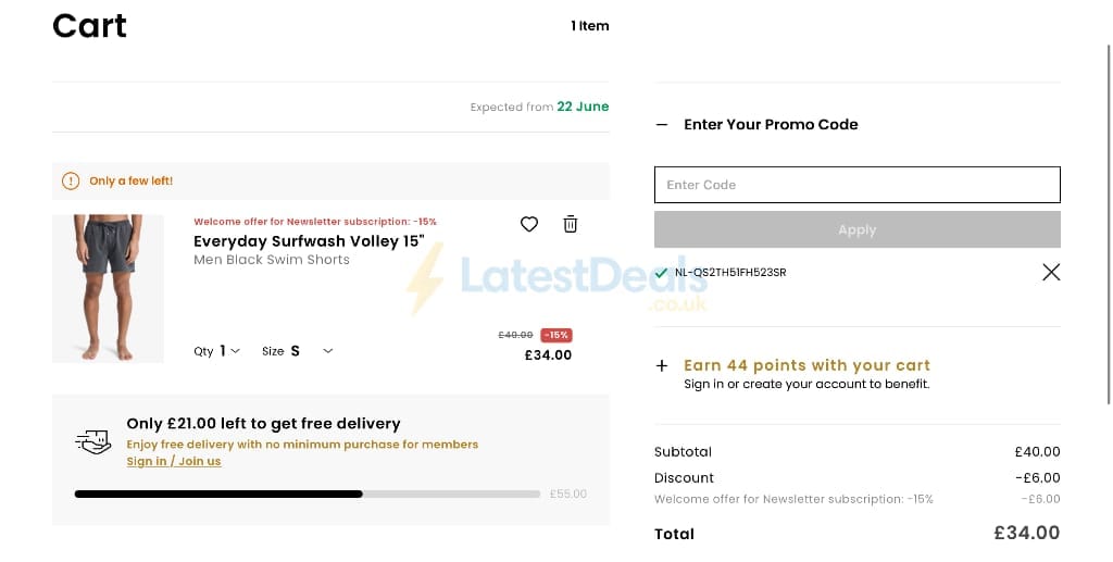 Screenshot of the Quiksilver discount code working