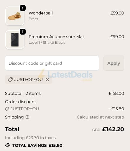 Screenshot of the Shakti Mat discount code working