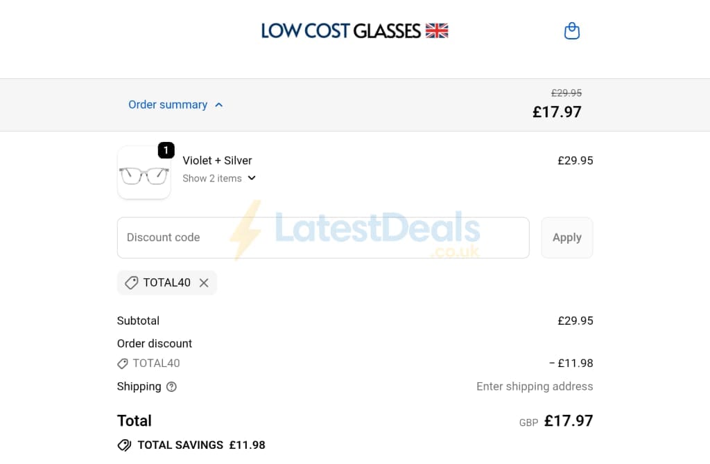 Screenshot of the Low Cost Glasses discount code working