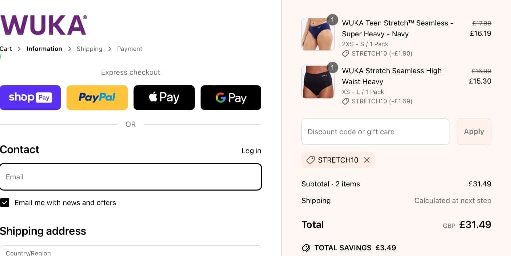 Screenshot of the Wuka discount code working