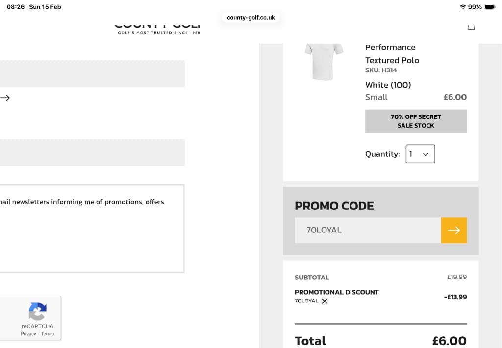 Screenshot of the County Golf discount code working
