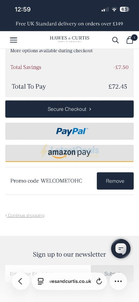 Screenshot of the Hawes & Curtis discount code working