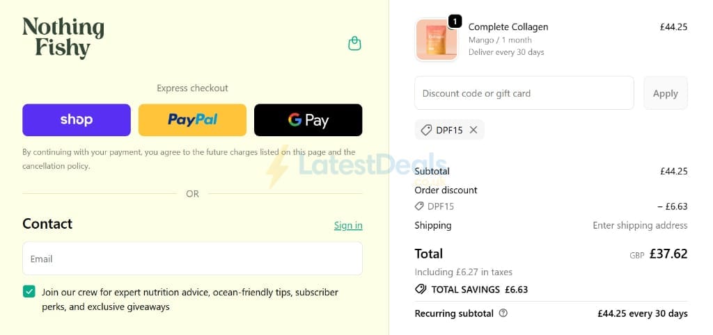 Screenshot of the Nothing Fishy discount code working