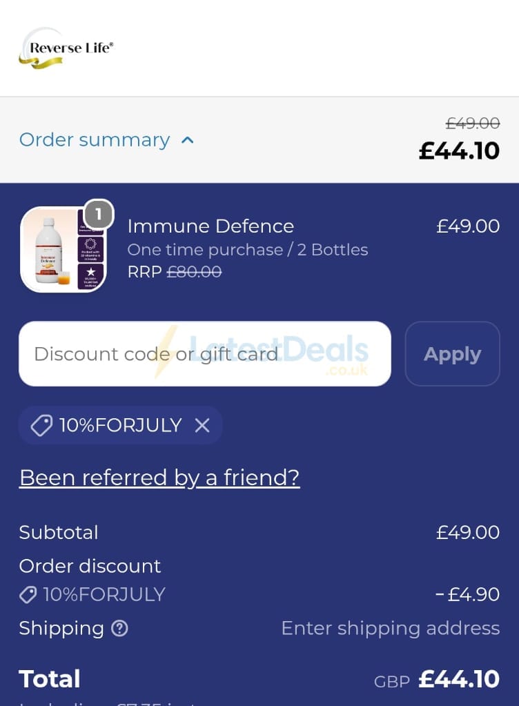 Screenshot of the Reverse Life discount code working