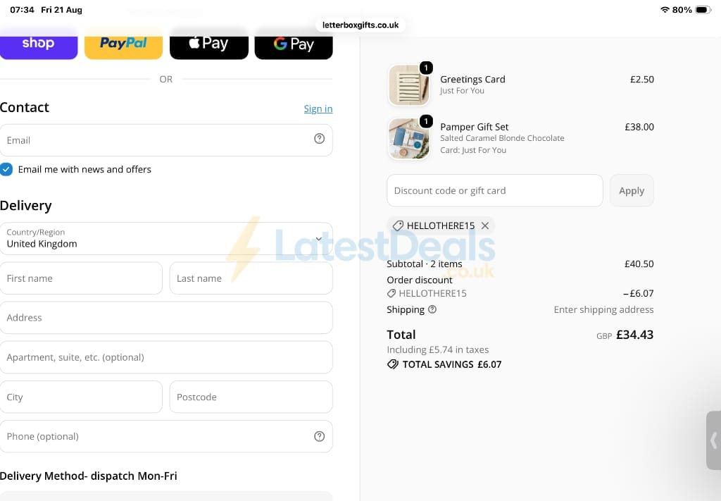 Screenshot of the Letterbox Gifts discount code working