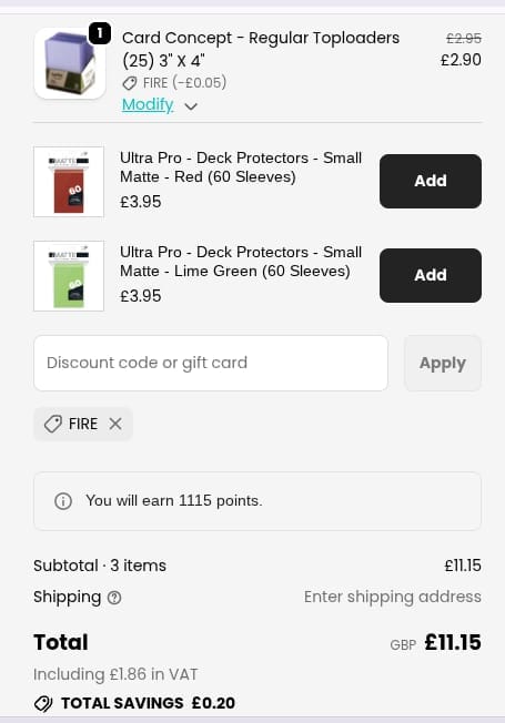 Screenshot of the Total Cards discount code working