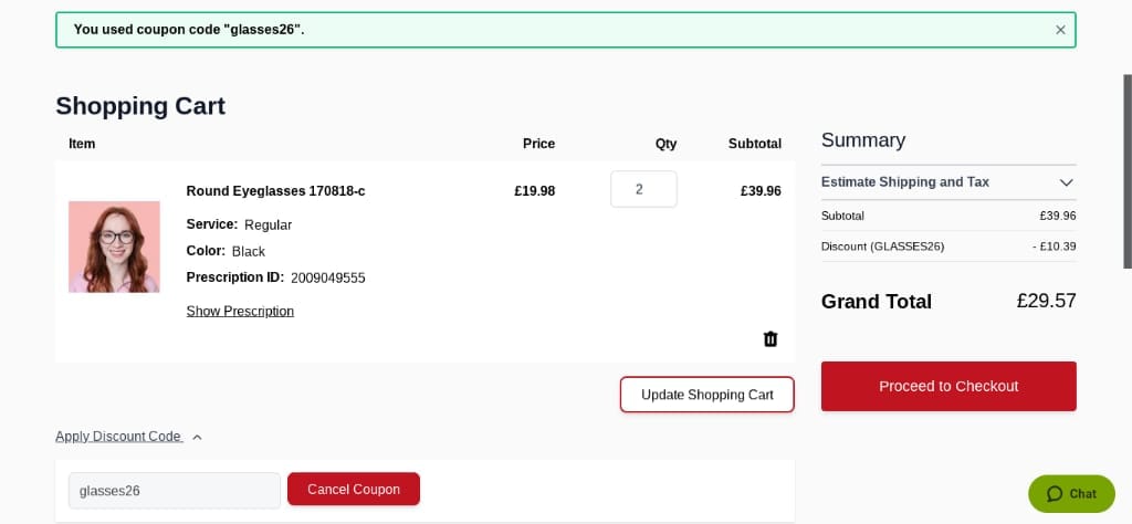 Screenshot of the Goggles4u discount code working