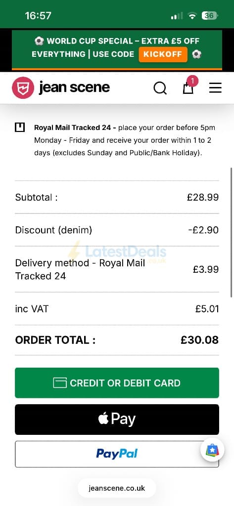 Screenshot of the Jean Scene discount code working