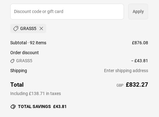 Screenshot of the GrassWarehouse discount code working
