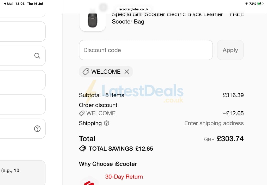 Screenshot of the iScooter discount code working