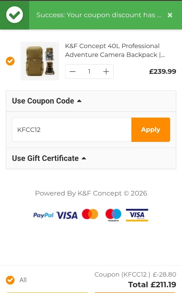 Screenshot of the K&F Concept discount code working