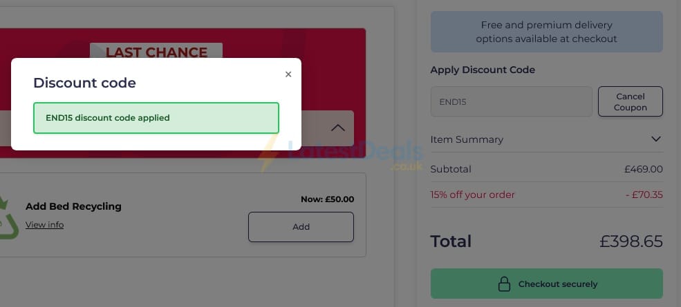 Screenshot of the Happy Beds discount code working
