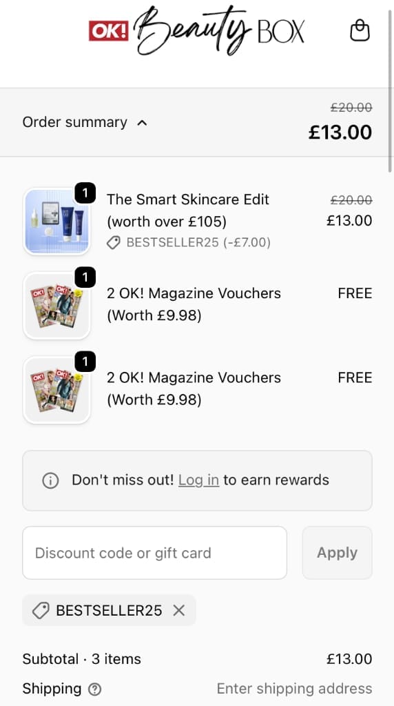 Screenshot of the Ok Beauty Box discount code working