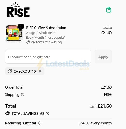 Screenshot of the RISE discount code working