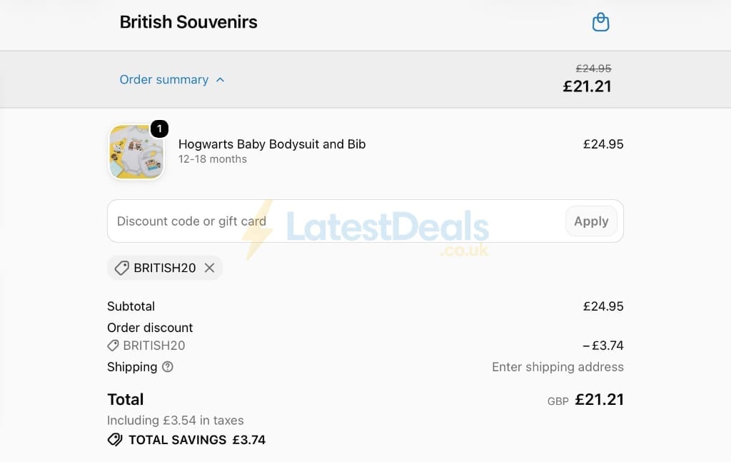 Screenshot of the British Souvenirs discount code working