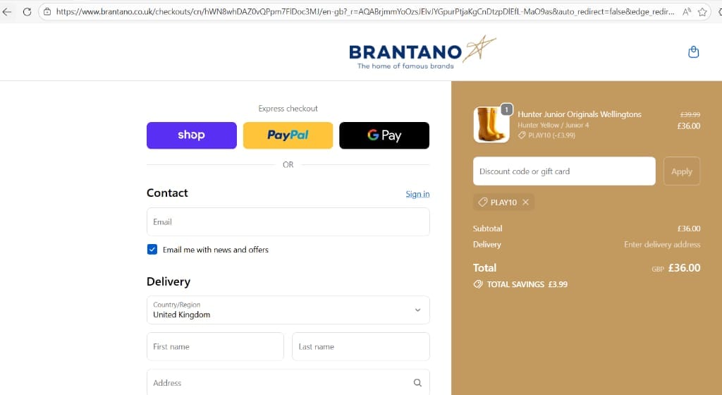 Screenshot of the Brantano discount code working