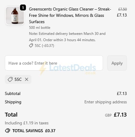 Screenshot of the Greenscents discount code working