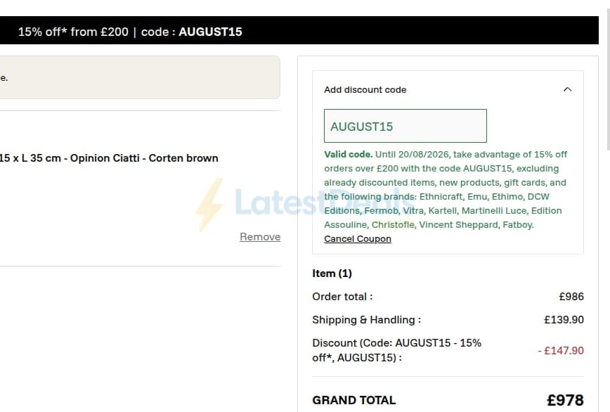 Screenshot of the Made in Design discount code working