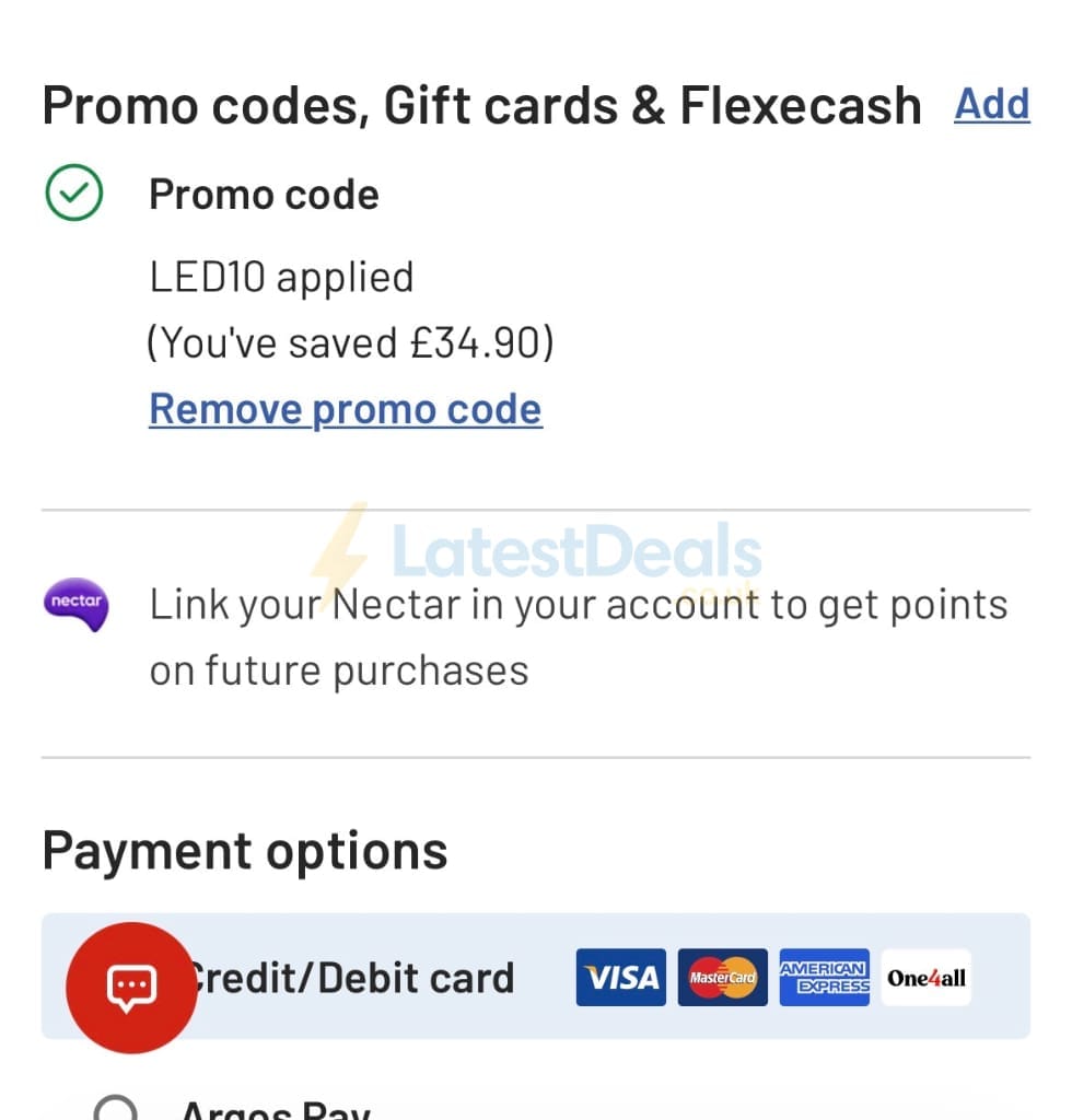 Screenshot of the Argos discount code working