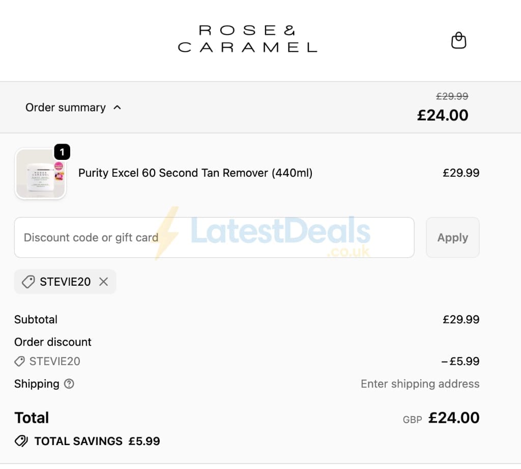 Screenshot of the Rose and Caramel discount code working