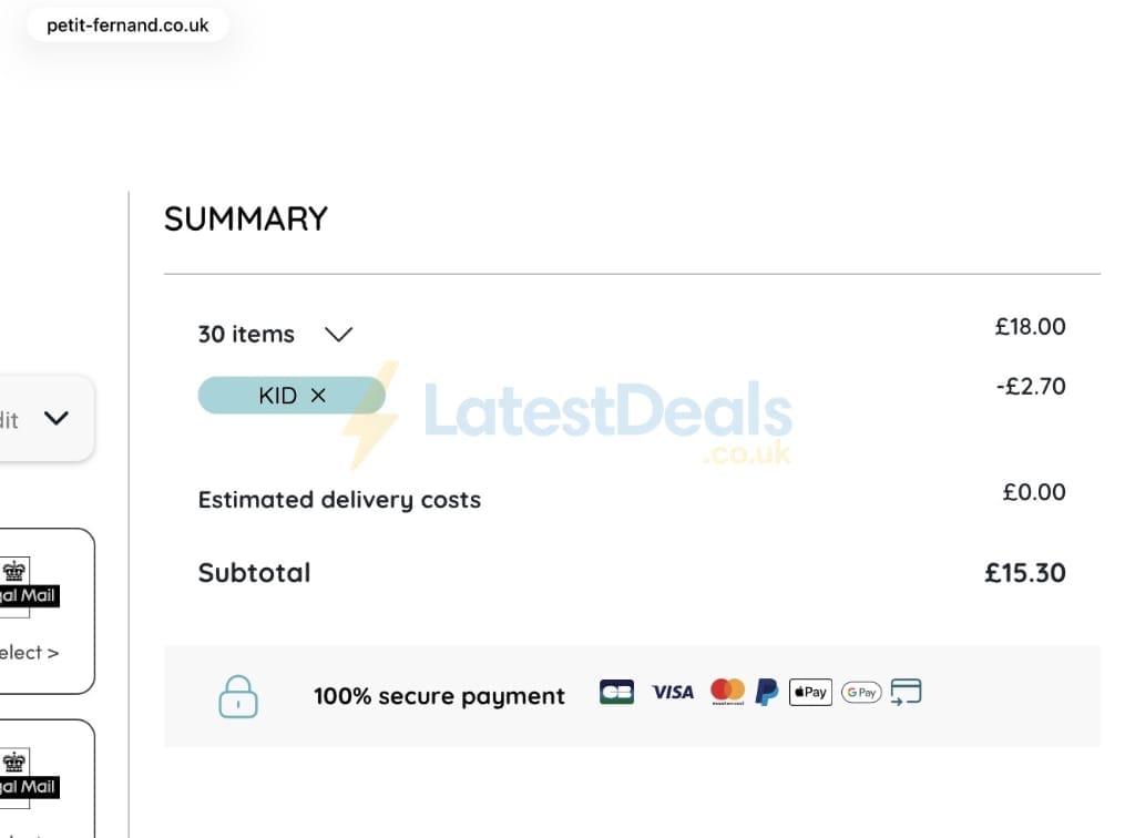Screenshot of the Petit Fernand discount code working