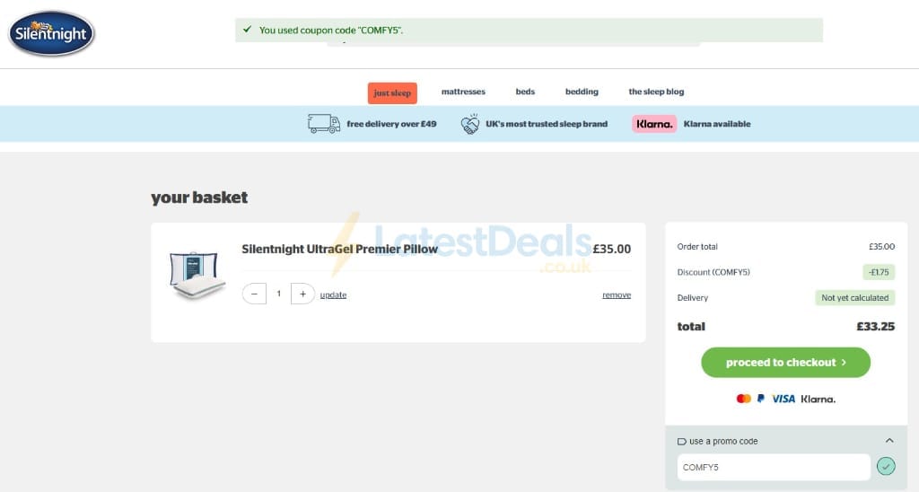 Screenshot of the Silentnight discount code working