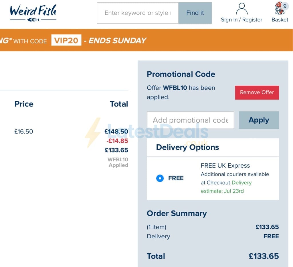 Screenshot of the Weird Fish discount code working
