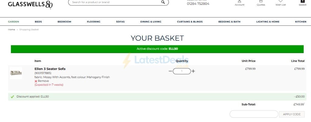 Screenshot of the Glasswells discount code working