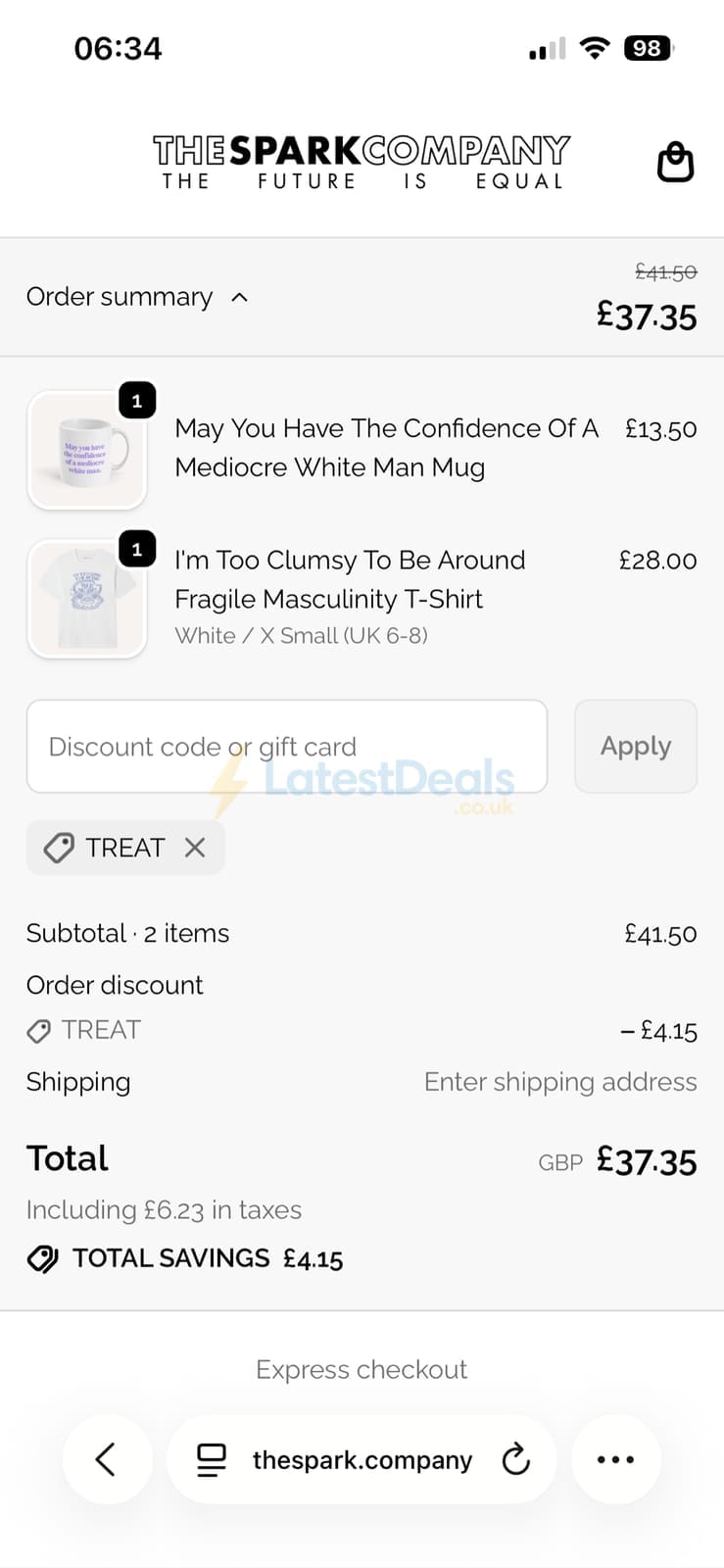 Screenshot of the The Spark Company discount code working