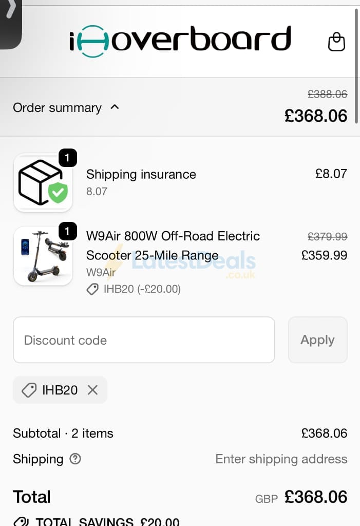 Screenshot of the IHoverBoard discount code working