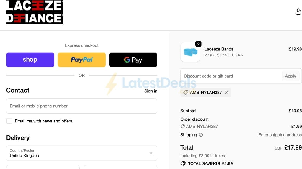 Screenshot of the Laceeze discount code working