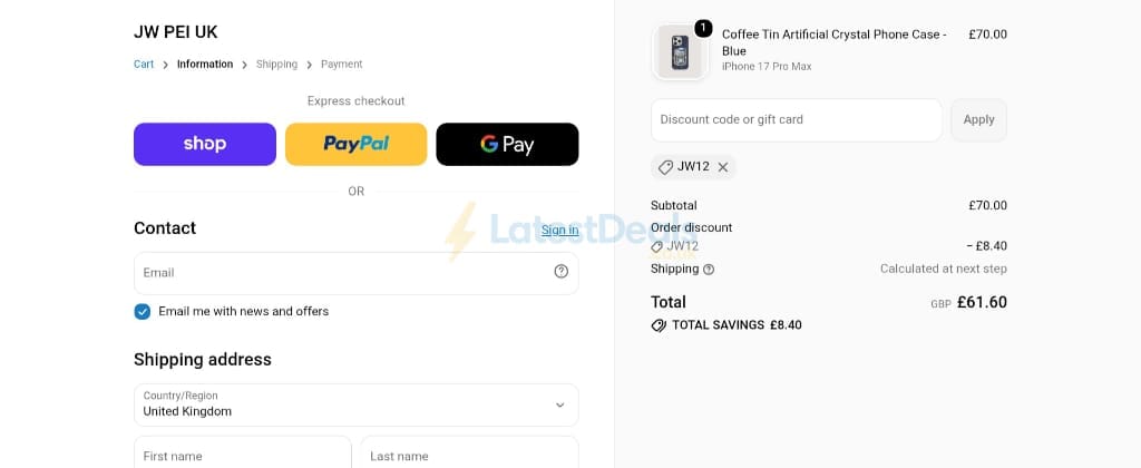Screenshot of the JW PEI discount code working