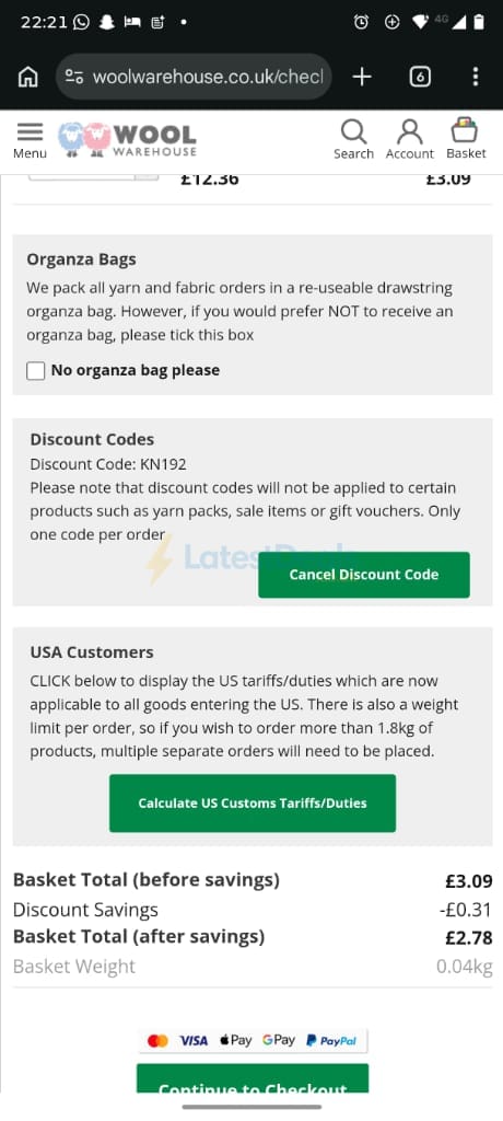 Screenshot of the Wool Warehouse discount code working
