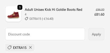 Screenshot of the Kickers discount code working