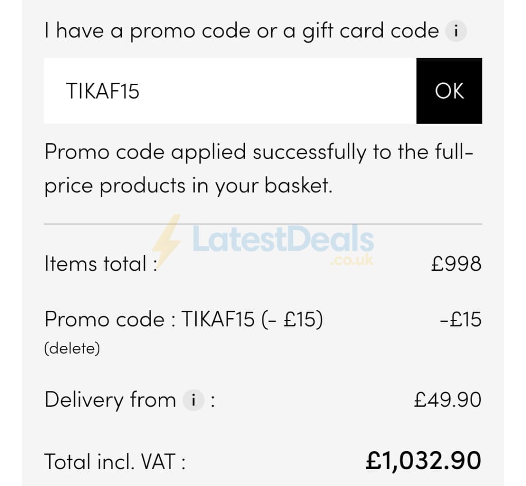 Screenshot of the Tikamoon discount code working