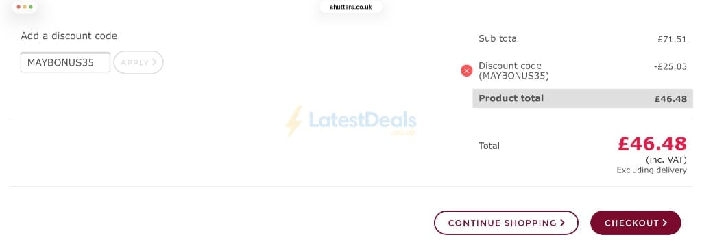Screenshot of the Shutter Store UK discount code working