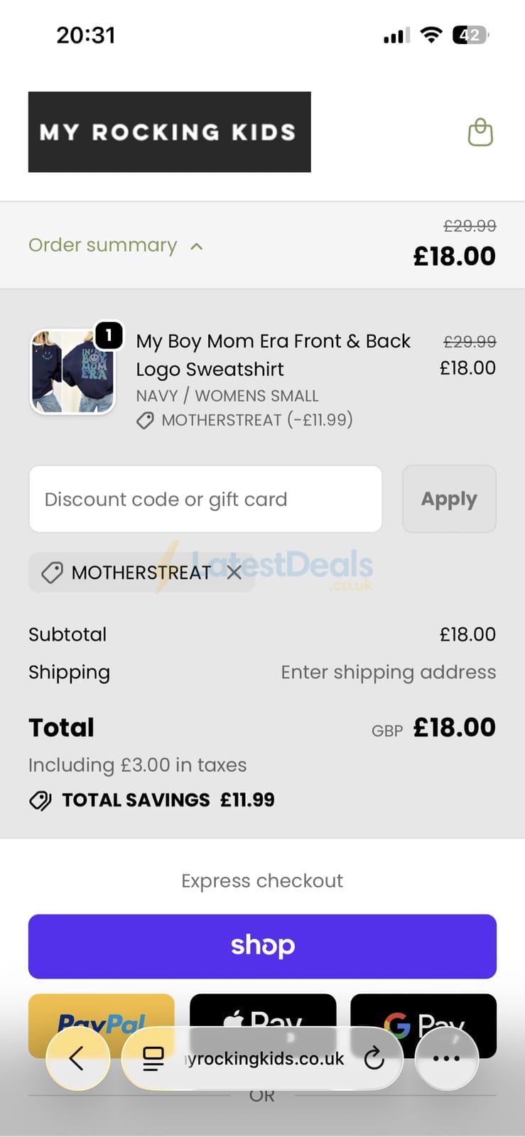 Screenshot of the My Rocking Kids discount code working