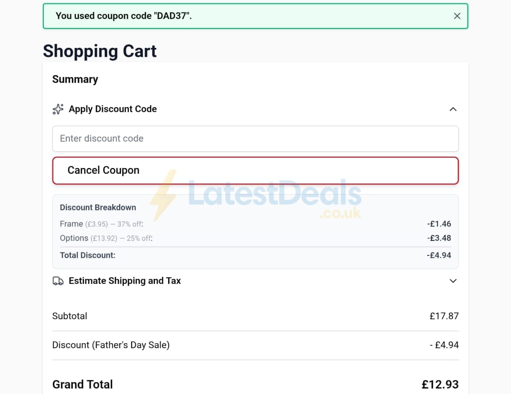 Screenshot of the Goggles4u discount code working