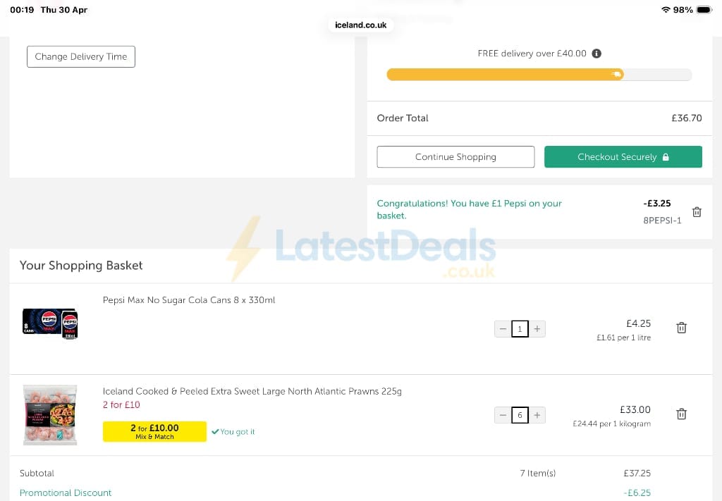 Screenshot of the Iceland discount code working