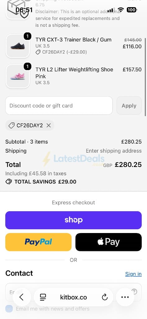 Screenshot of the Kitbox discount code working